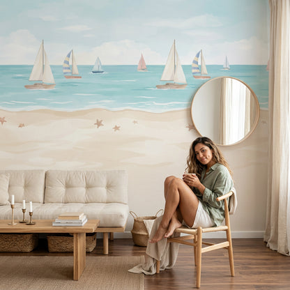 Sailboat Ocean Wallpaper Pastel Seaside Nursery Wall Mural