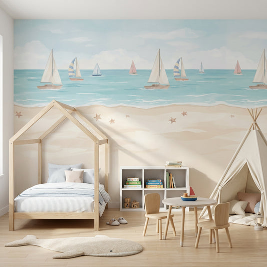 Sailboat Ocean Wallpaper Pastel Seaside Nursery Wall Mural