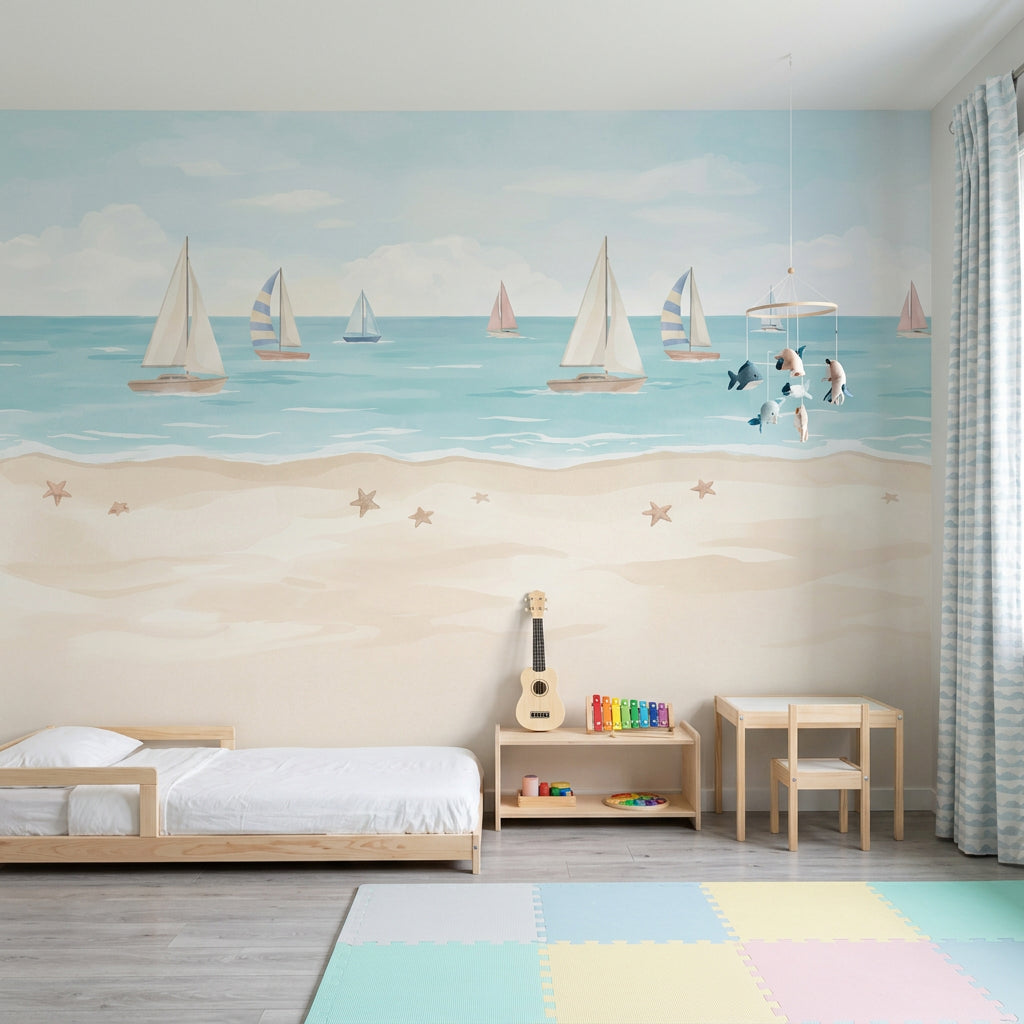 Sailboat Ocean Wallpaper Pastel Seaside Nursery Wall Mural