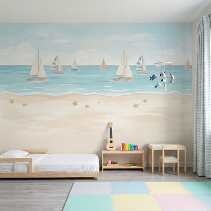 Sailboat Ocean Wallpaper Pastel Seaside Nursery Wall Mural