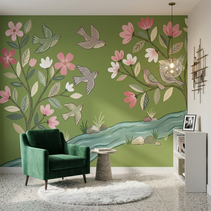 Spring Blossoms Wallpaper Floral Branches Birds Wall Mural
