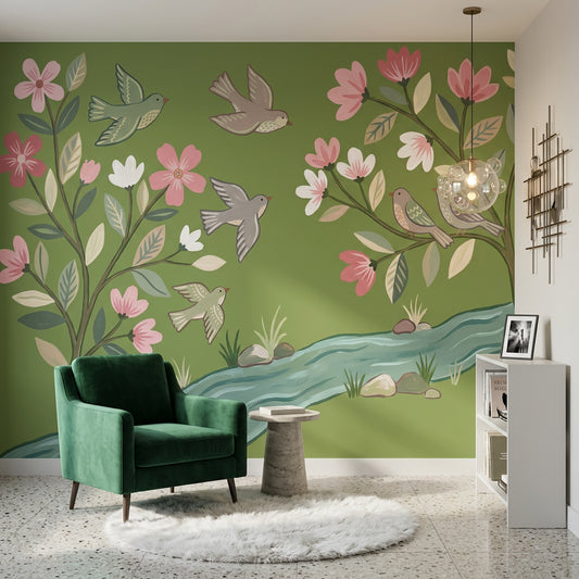 Spring Blossoms Wallpaper Floral Branches Birds Wall Mural