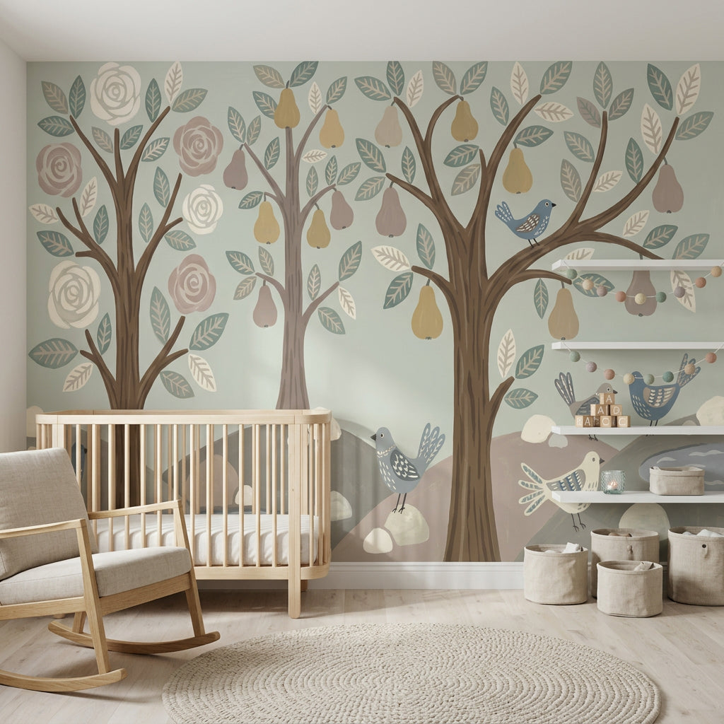 Whimsical Woodland Wallpaper Stylized Trees Hand Painted Wall Mural