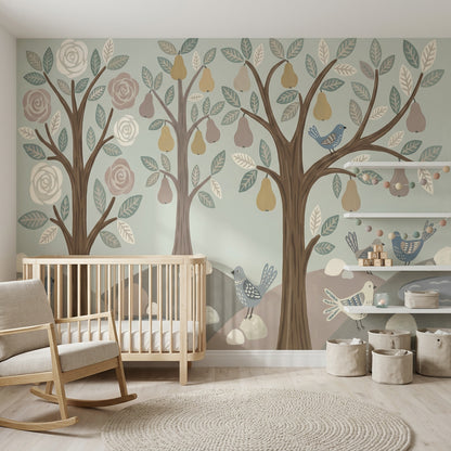 Whimsical Woodland Wallpaper Stylized Trees Hand Painted Wall Mural