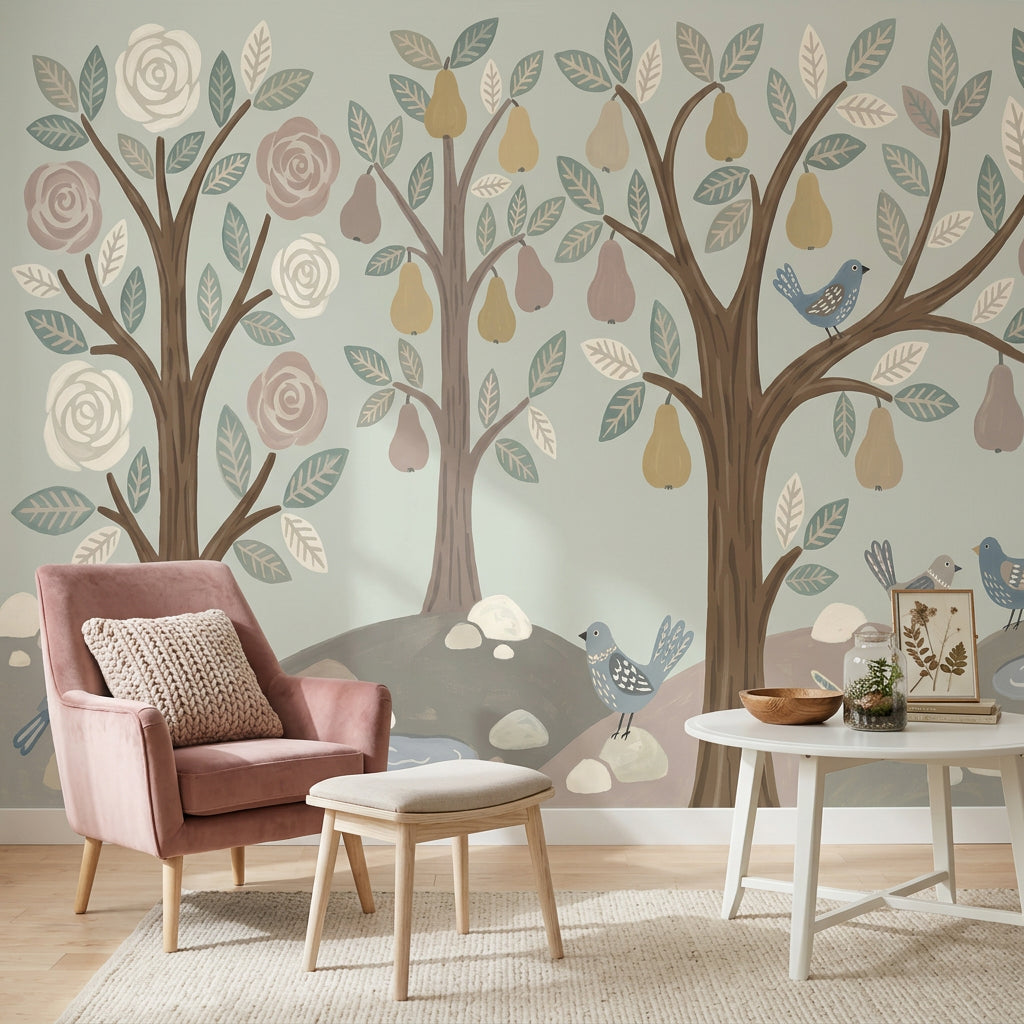 Whimsical Woodland Wallpaper Stylized Trees Hand Painted Wall Mural