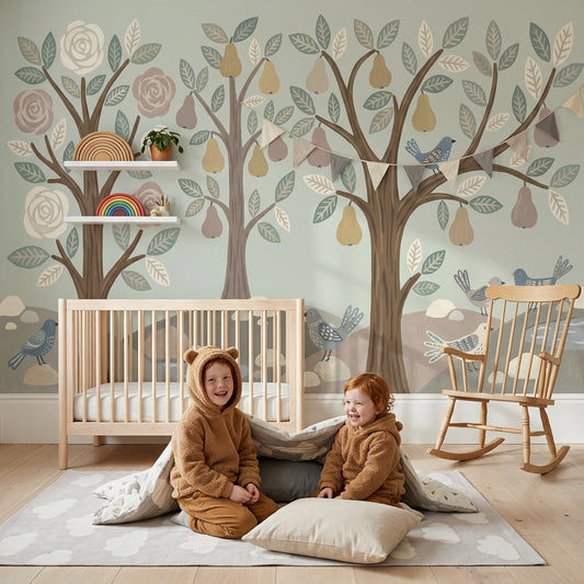 Whimsical Woodland Wallpaper Stylized Trees Hand Painted Wall Mural