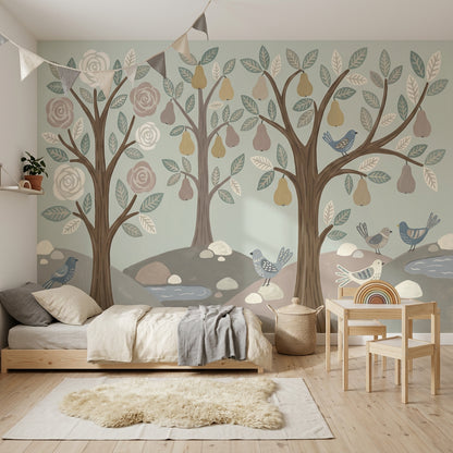 Whimsical Woodland Wallpaper Stylized Trees Hand Painted Wall Mural