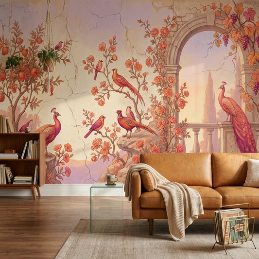 Vintage Fresco Wallpaper Classical Archway Removable Peacocks Wall Decor