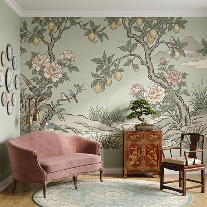 Muted Green Wallpaper Botanical Chinoiserie Removable Wall Decor
