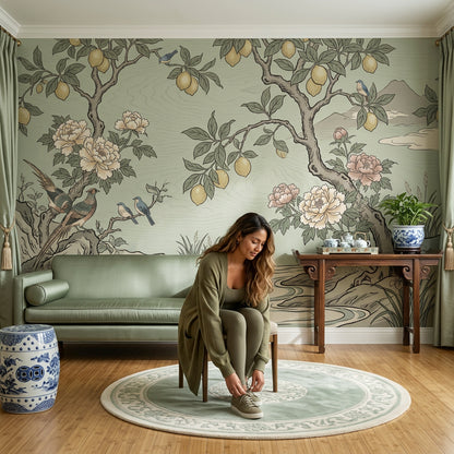 Muted Green Wallpaper Botanical Chinoiserie Removable Wall Decor