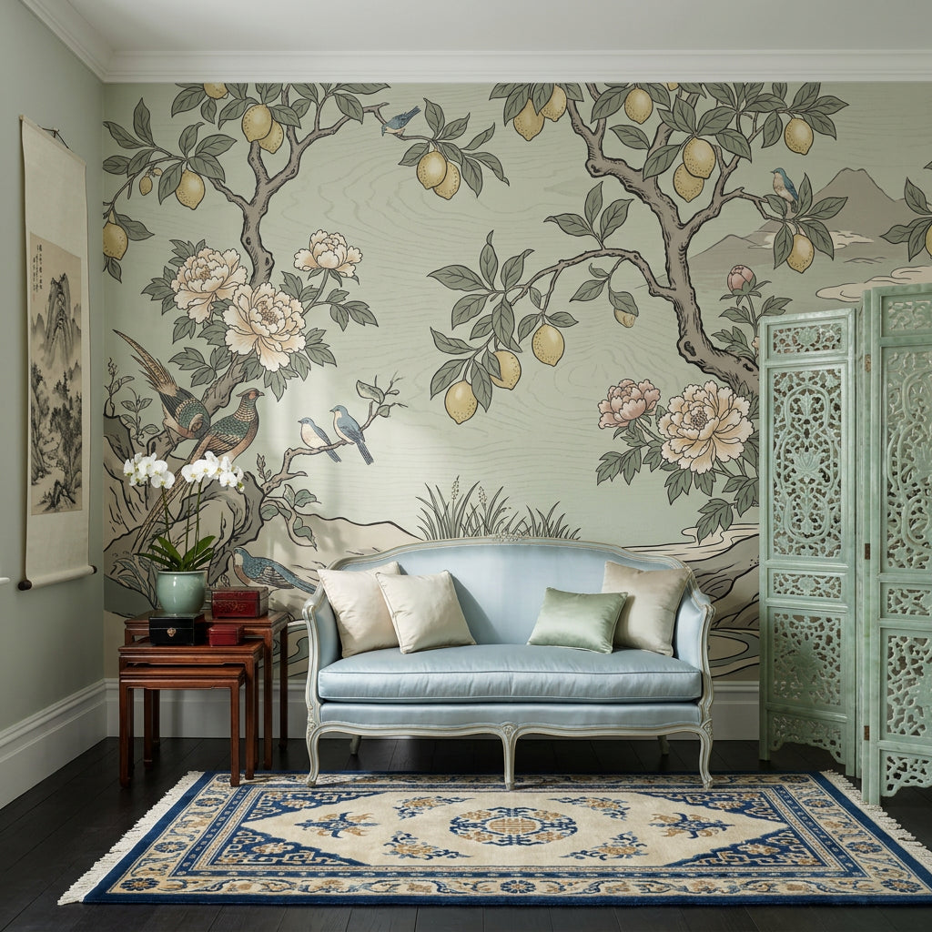 Muted Green Wallpaper Botanical Chinoiserie Removable Wall Decor