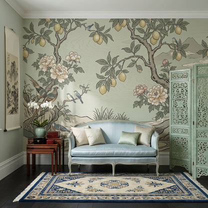 Muted Green Wallpaper Botanical Chinoiserie Removable Wall Decor