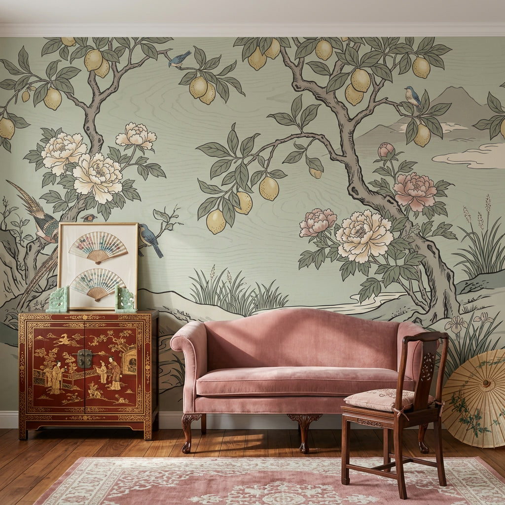 Muted Green Wallpaper Botanical Chinoiserie Removable Wall Decor