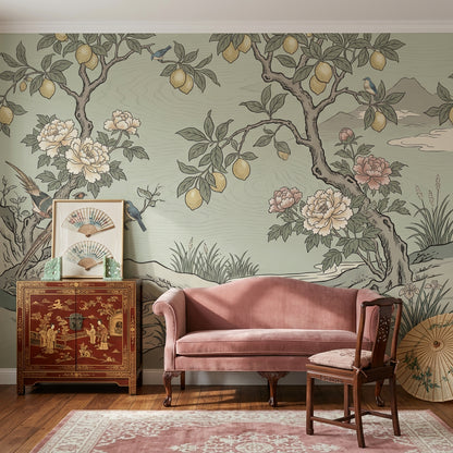 Muted Green Wallpaper Botanical Chinoiserie Removable Wall Decor