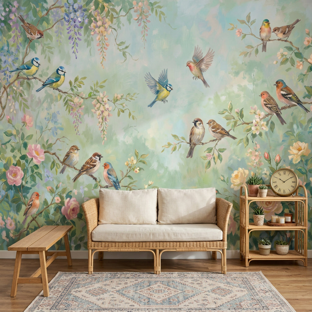 Wisteria Wallpaper Birds Removable Floral Garden Wall Decor