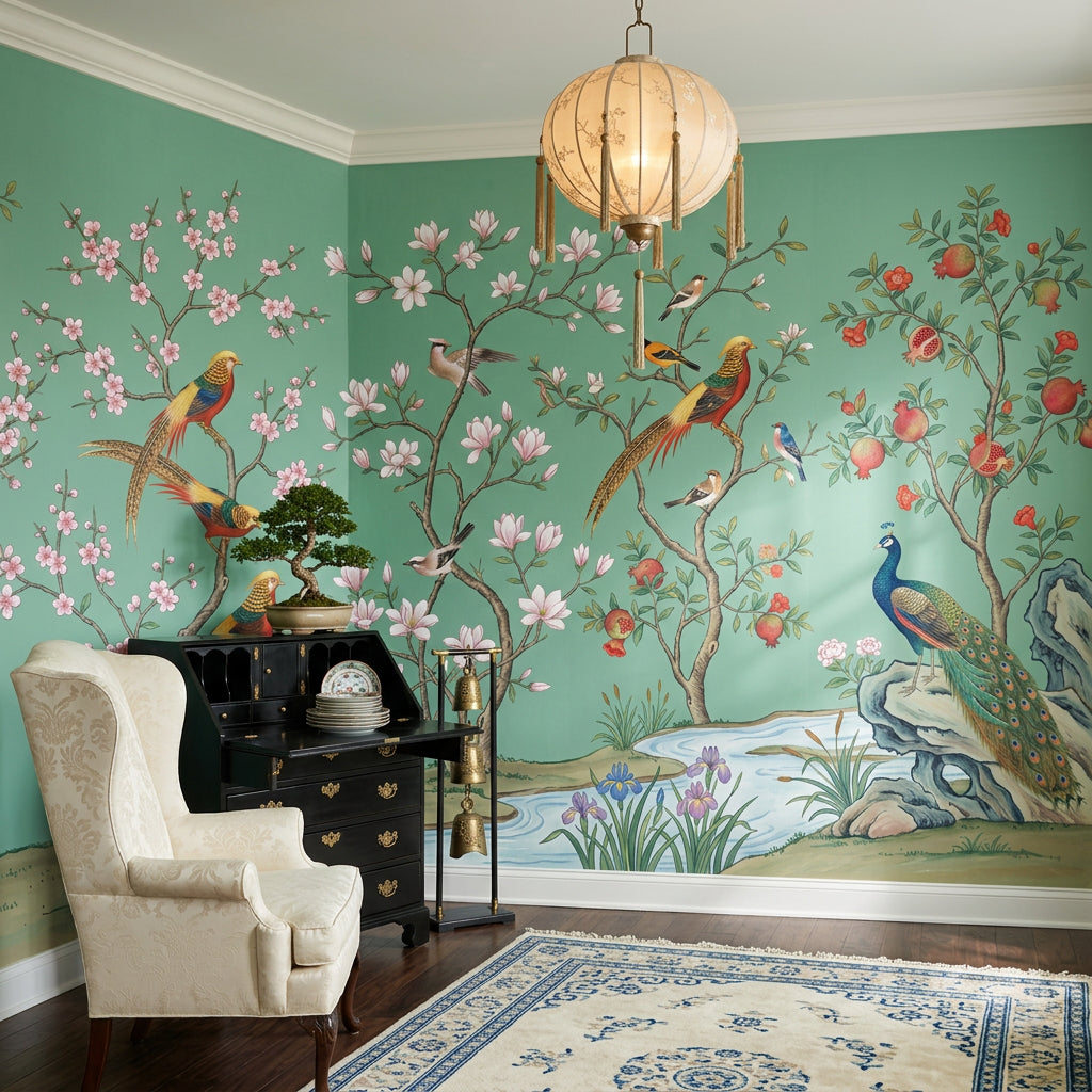 Pink Cherry Wallpaper Muted Green Chinoiserie Wall Mural