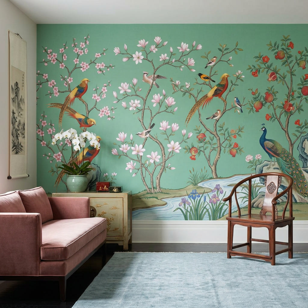 Pink Cherry Wallpaper Muted Green Chinoiserie Wall Mural