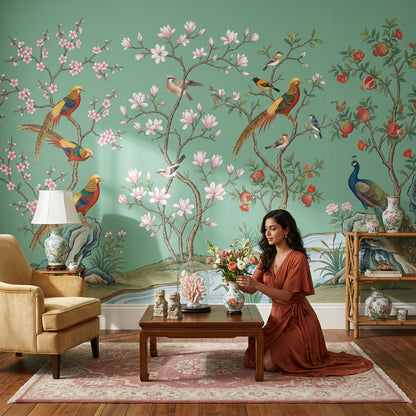 Pink Cherry Wallpaper Muted Green Chinoiserie Wall Mural