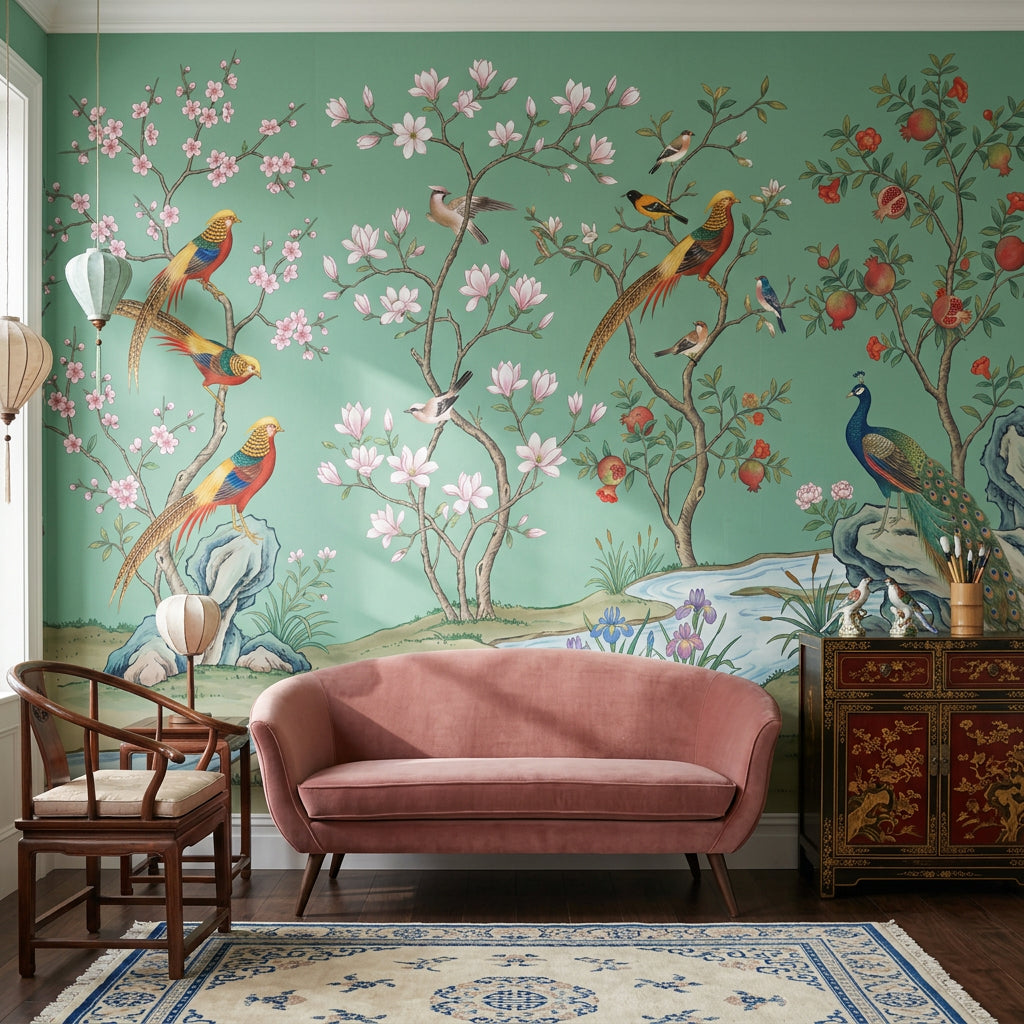 Pink Cherry Wallpaper Muted Green Chinoiserie Wall Mural