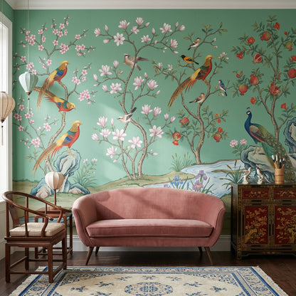 Pink Cherry Wallpaper Muted Green Chinoiserie Wall Mural