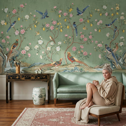 Chinoiserie Wallpaper Lemon Tree Removable Birds Wall Decor