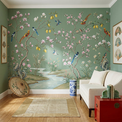 Chinoiserie Wallpaper Sage Green Removable Hand Painted Mural Wall Decor