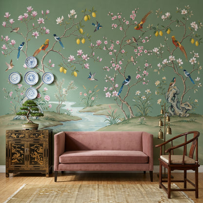 Chinoiserie Wallpaper Sage Green Removable Hand Painted Mural Wall Decor