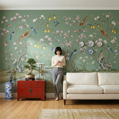 Chinoiserie Wallpaper Sage Green Removable Hand Painted Mural Wall Decor