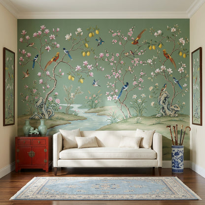 Chinoiserie Wallpaper Sage Green Removable Hand Painted Mural Wall Decor
