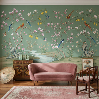 Chinoiserie Wallpaper Sage Green Removable Hand Painted Mural Wall Decor