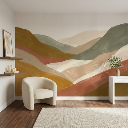 Abstract Landscape Wallpaper Layered Hills Earth Tones Removable Wall Decor