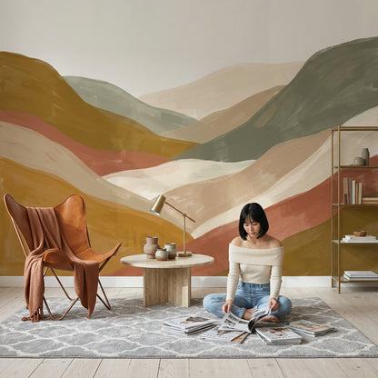 Abstract Landscape Wallpaper Layered Hills Earth Tones Removable Wall Decor