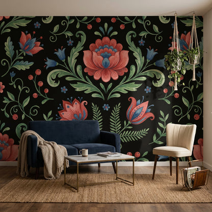 Dark Black Background Wallpaper Folk Floral Symmetrical Damask Wall Mural