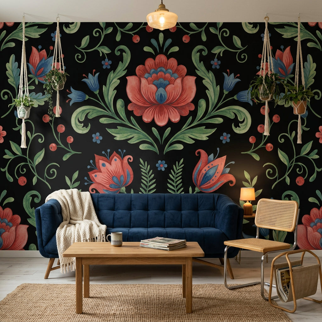 Dark Black Background Wallpaper Folk Floral Symmetrical Damask Wall Mural