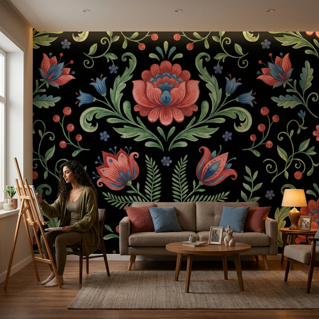 Dark Black Background Wallpaper Folk Floral Symmetrical Damask Wall Mural