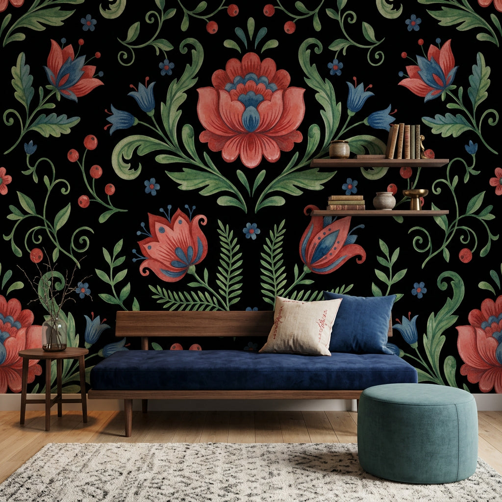 Dark Black Background Wallpaper Folk Floral Symmetrical Damask Wall Mural
