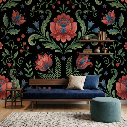 Dark Black Background Wallpaper Folk Floral Symmetrical Damask Wall Mural
