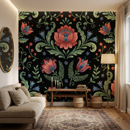 Dark Black Background Wallpaper Folk Floral Symmetrical Damask Wall Mural