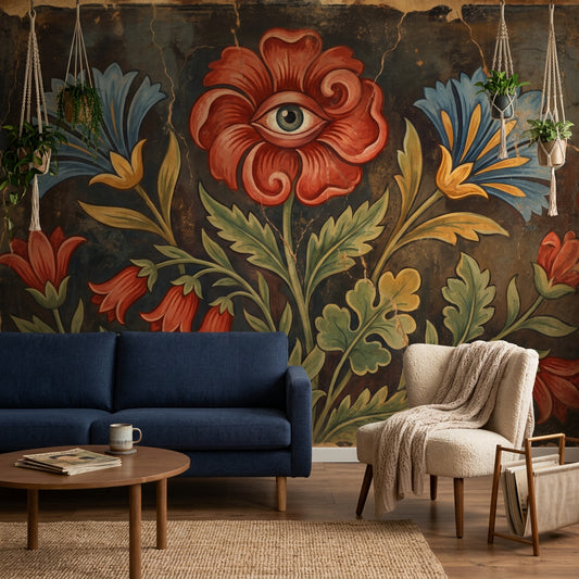 Surreal Eye Flower Wallpaper Vintage Fresco Folk Art Removable Wall Decor