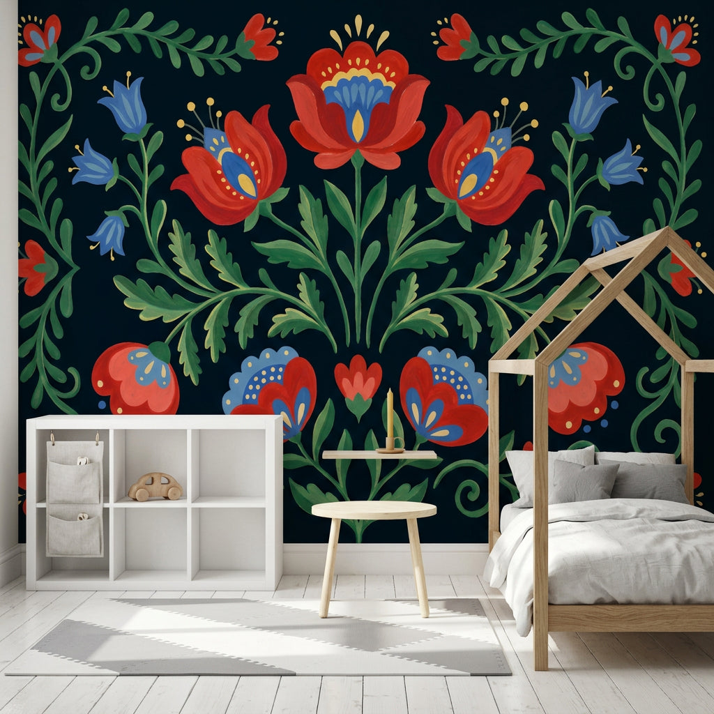 Scandinavian Folk Art Wallpaper Dark Navy Background Removable Folk Floral Wall Decor