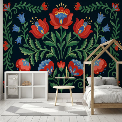 Scandinavian Folk Art Wallpaper Dark Navy Background Removable Folk Floral Wall Decor