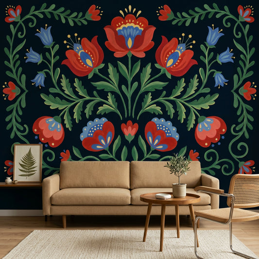Scandinavian Folk Art Wallpaper Dark Navy Background Removable Folk Floral Wall Decor