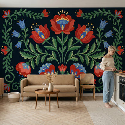 Scandinavian Folk Art Wallpaper Dark Navy Background Removable Folk Floral Wall Decor