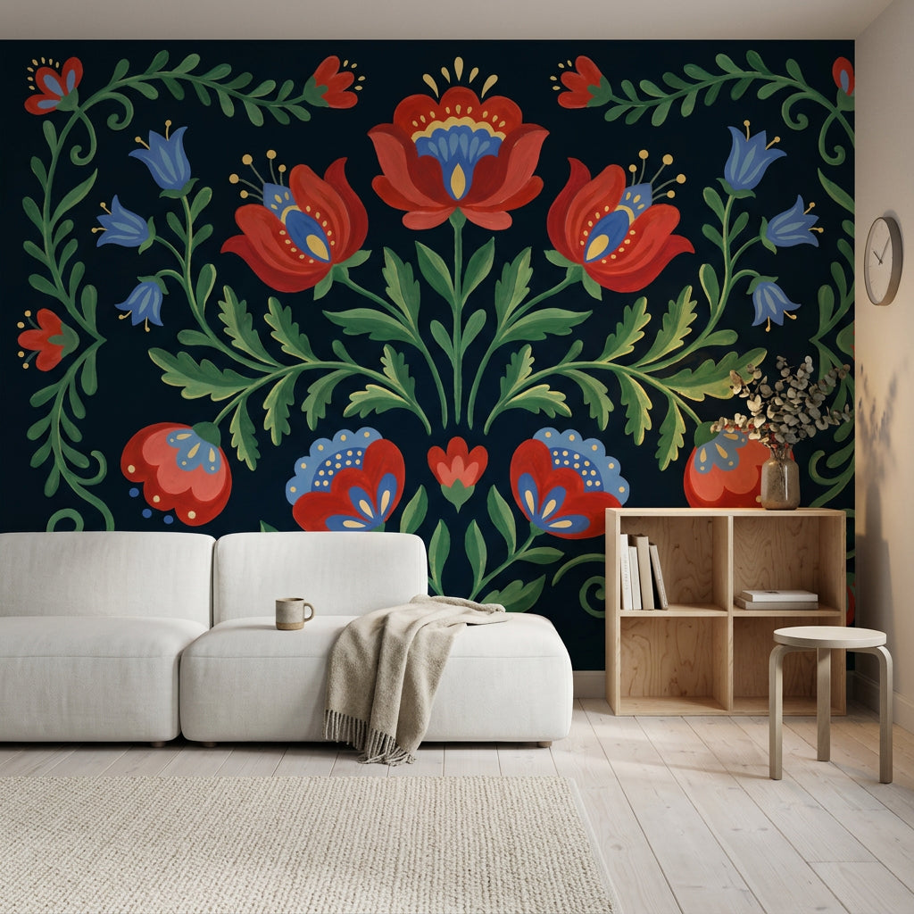 Scandinavian Folk Art Wallpaper Dark Navy Background Removable Folk Floral Wall Decor