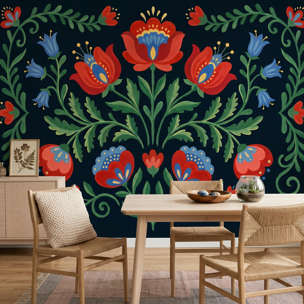 Scandinavian Folk Art Wallpaper Dark Navy Background Removable Folk Floral Wall Decor