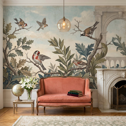 Vintage Fresco Wallpaper Birds Botanical Foliage Removable Wall Decor