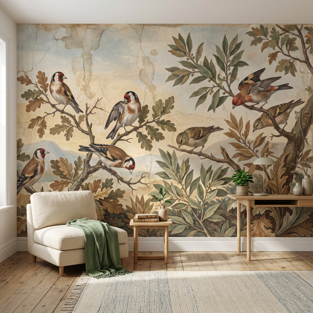 Vintage Fresco Wallpaper Birds On Branches Botanical Foliage Wall Mural