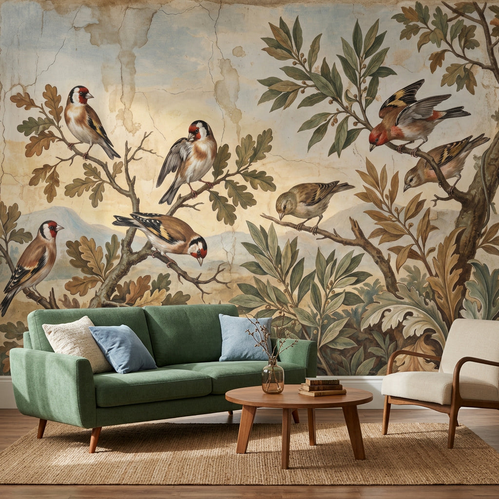 Vintage Fresco Wallpaper Birds On Branches Botanical Foliage Wall Mural