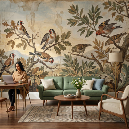 Vintage Fresco Wallpaper Birds On Branches Botanical Foliage Wall Mural