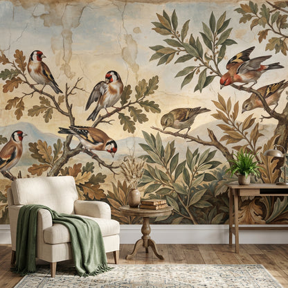 Vintage Fresco Wallpaper Birds On Branches Botanical Foliage Wall Mural